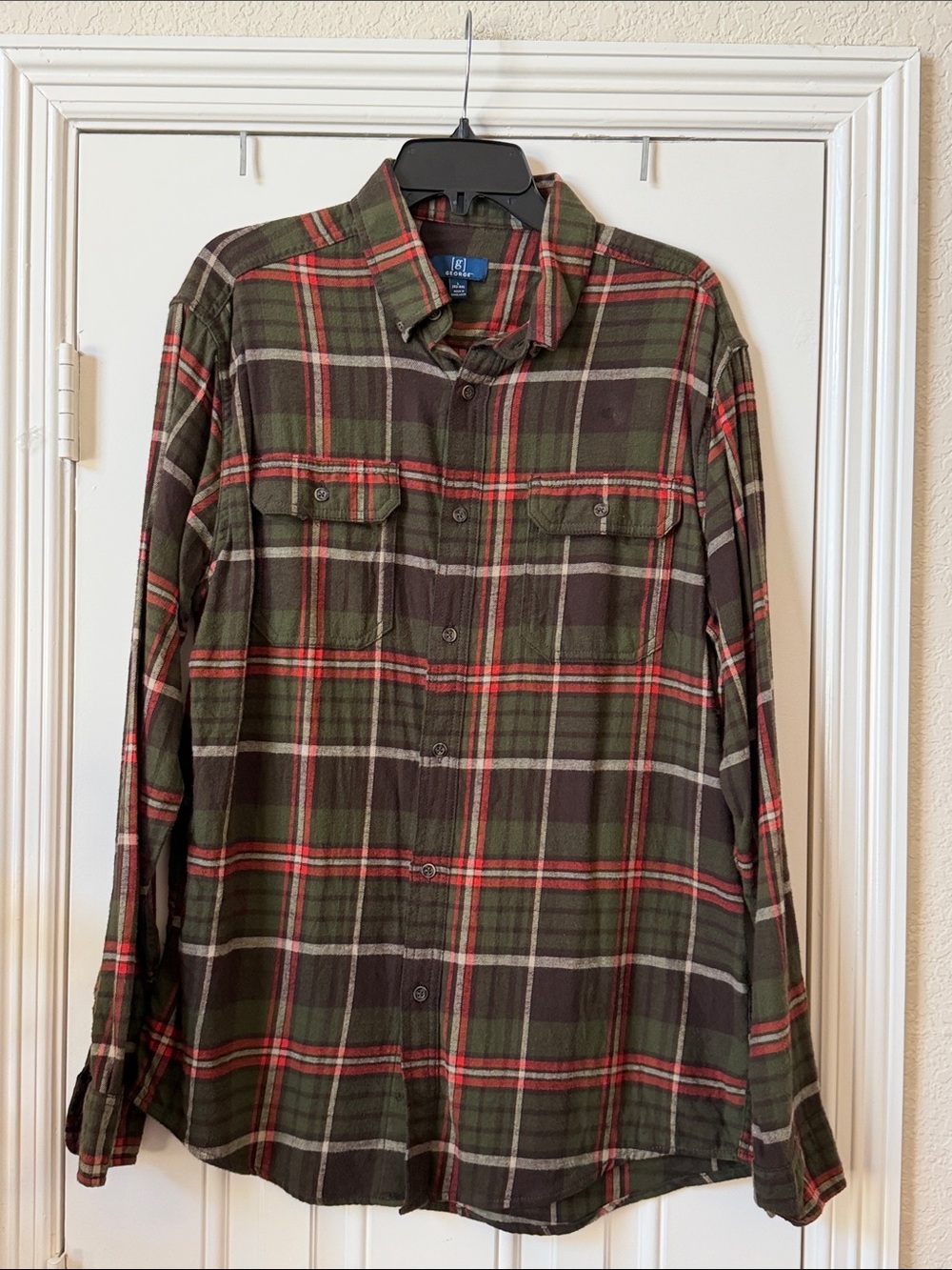 George Men's Plaid Flannel Button Down Shirt Size Large Olive Green Red